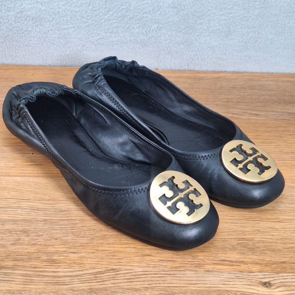 Tory Burch Minnie Travel Women's 8.5 Ballet Flats Black Leather Gold Logo Shoes